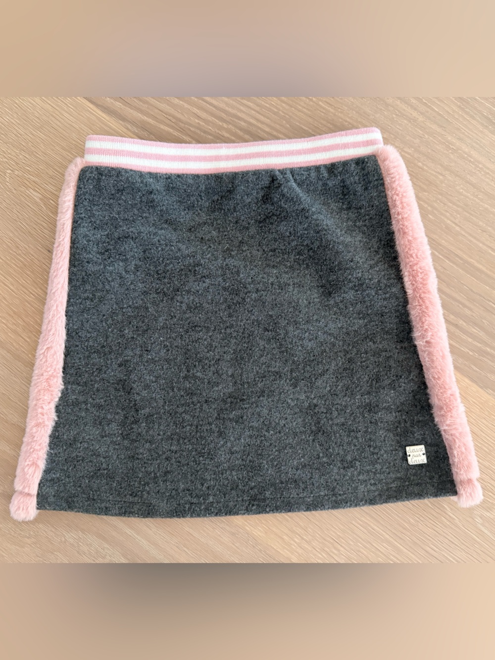 deux par deux Charcoal Mini Skirt with Pink Faux-Fur Trim